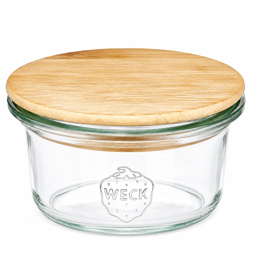 50ml miniaturní lahvička WECK RR60 s dřevěným víčkem 50ml Mini Sturzglas WECK RR60 mit rundem Holzdeckel aus Bambus, transparentes Glas mit WECK Logo