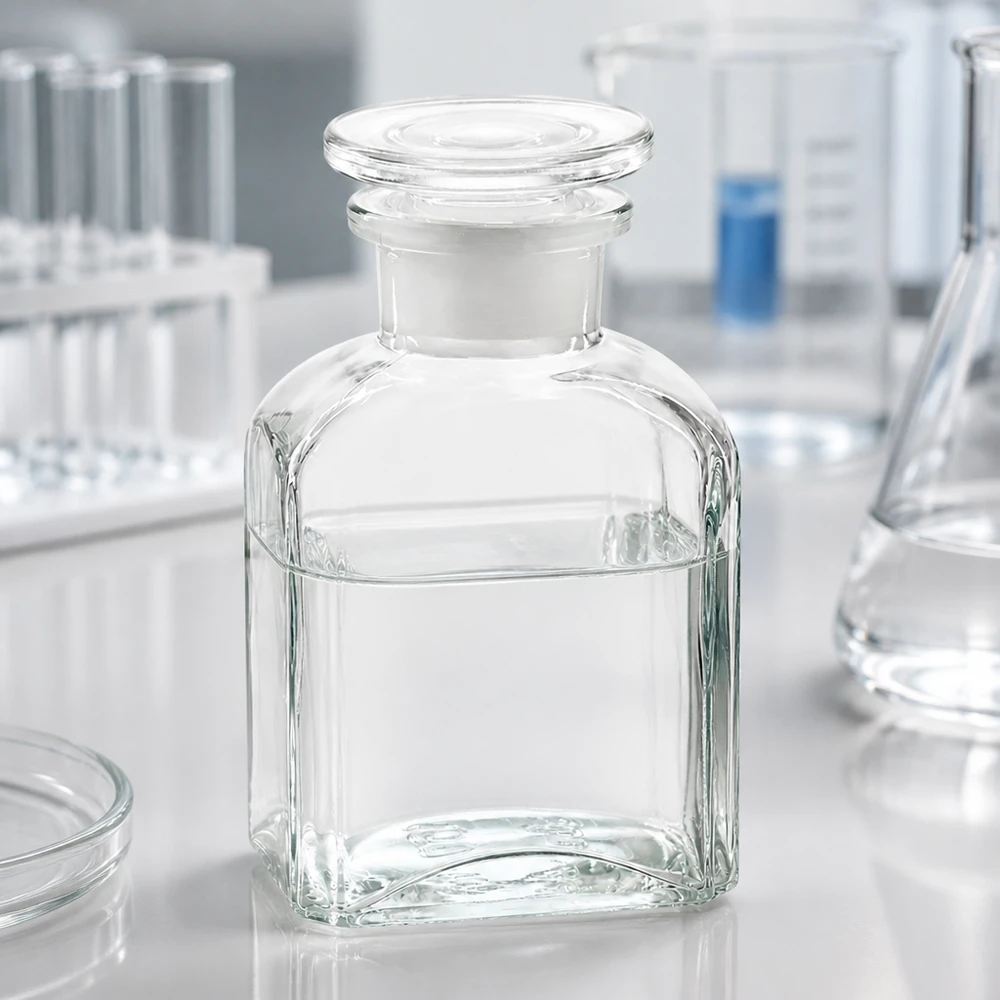 Čtvercová láhev 150ml čirá skleněná zátka se širokým hrdlem Klare Weithalsflasche 150ml mit ebenem Glasstopfen für sichere Lagerung von Chemikalien