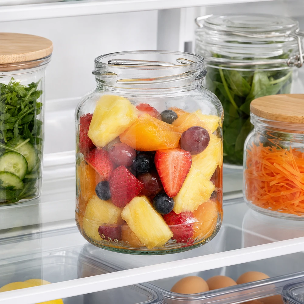 Oválná sklenice bez víčka o objemu 370 ml (TO66) UNiTWIST UNiTWIST Oval370 Einmachglas 370ml mit Obstsalat im Kühlschrank neben anderen Vorratsgläsern mit Gemüse