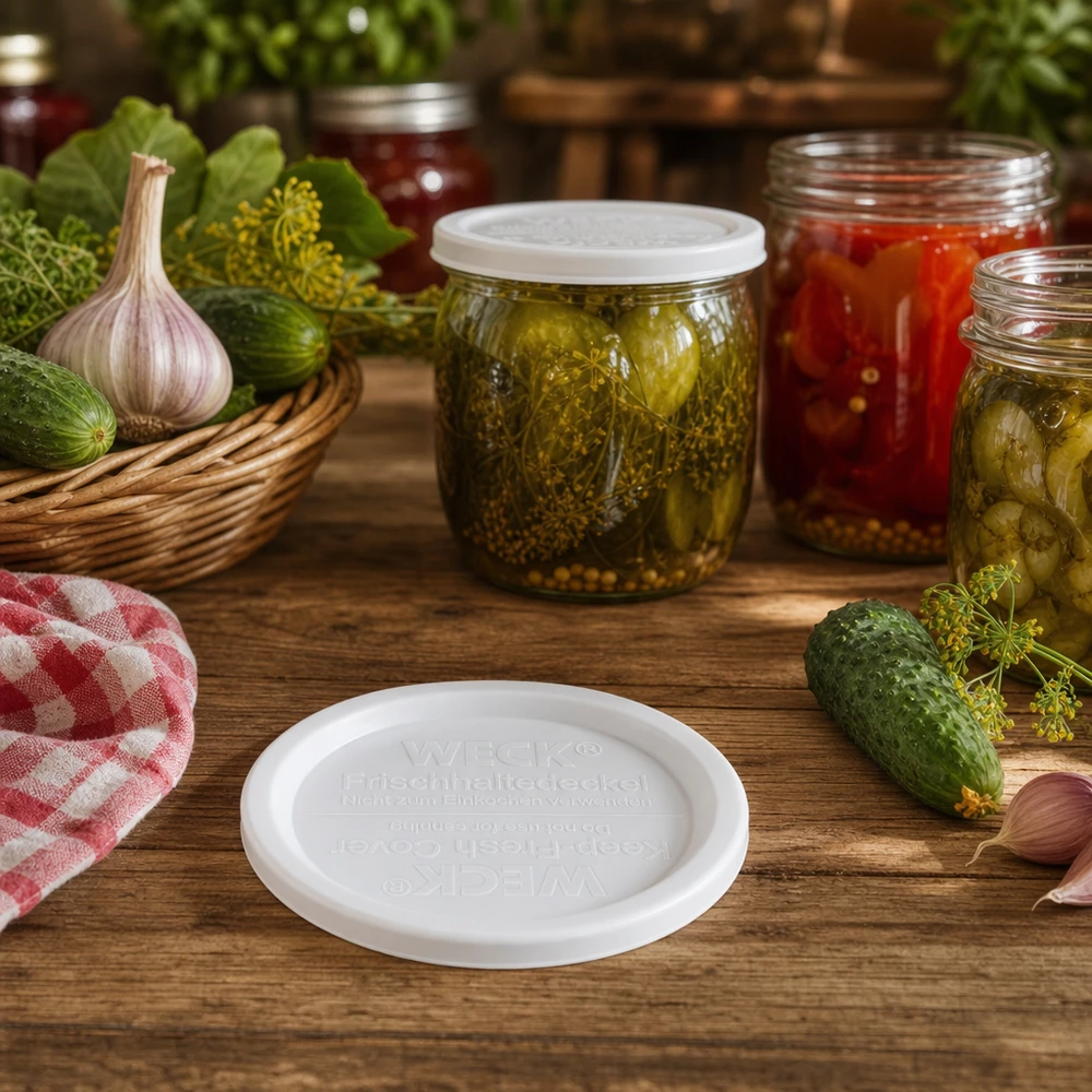 WECK Frischhaltedeckel RR120 in rustikaler Einmachküche mit eingelegten Gurken Tomaten und frischen Kräutern