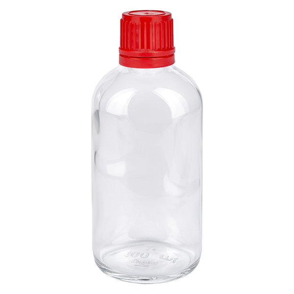 100ml láhev 11mm šroubovací uzávěr červený uzávěr ClearLine UT18/100 Durchsichtige 100ml Flasche mit engem 11mm Hals und rotem Schraubverschluss OV