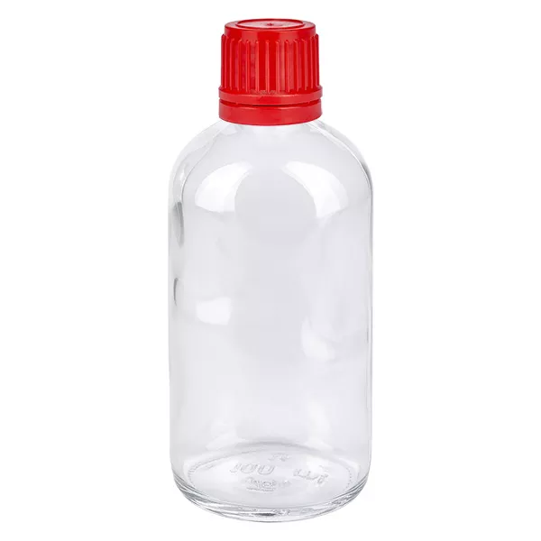 100ml láhev 11mm šroubovací uzávěr červený uzávěr ClearLine UT18/100 Durchsichtige 100ml Flasche mit engem 11mm Hals und rotem Schraubverschluss OV