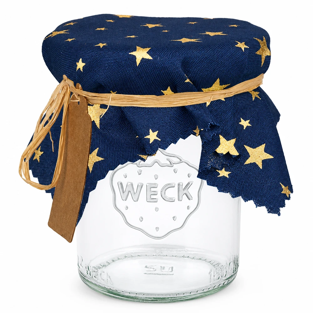Stoff Schmuckdeckchen blau mit goldenen Sternen auf Weck Einmachglas mit Schleife und Etikett 15cm eckig