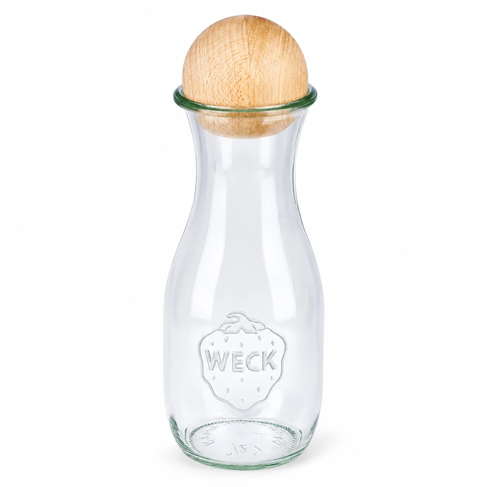 530ml láhev na džus WECK RR60 s dřevěnou kuličkou buk 530ml WECK Saftflasche RR60 aus Glas mit Holzkugel Buche Verschluss transparente Glasflasche mit WECK Logo
