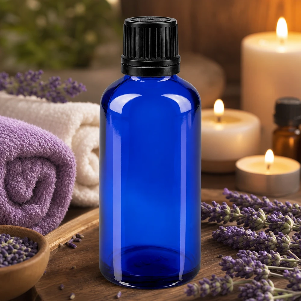 Lékárenská láhev modrá 50ml šroubovací uzávěr černý nalévací kroužek tamper evident uzávěr. 50ml blaue Medizinflasche aus Apothekerglas mit Originalverschluss für Naturkosmetik