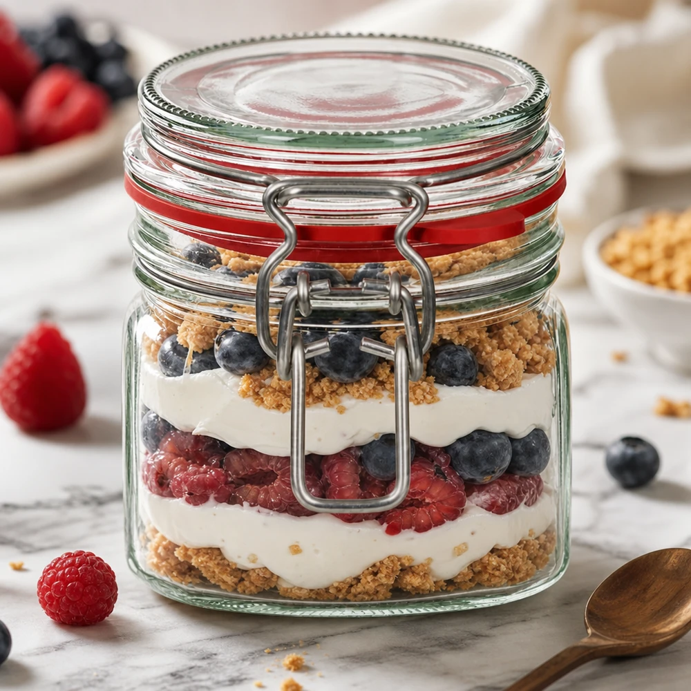 370ml zavařovací sklenice s gumovým kroužkem a otočným víčkem UNiTWIST. Vielseitiges Vorratsglas 370ml mit Bügelverschluss für kreative Dessert-Präsentation