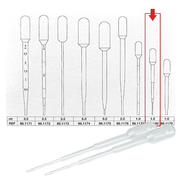 Přenosová pipeta o objemu 1 ml (104x10 mm) bez stupnice. Přenosová pipeta o objemu 1 ml (104x10 mm) bez stupnice.