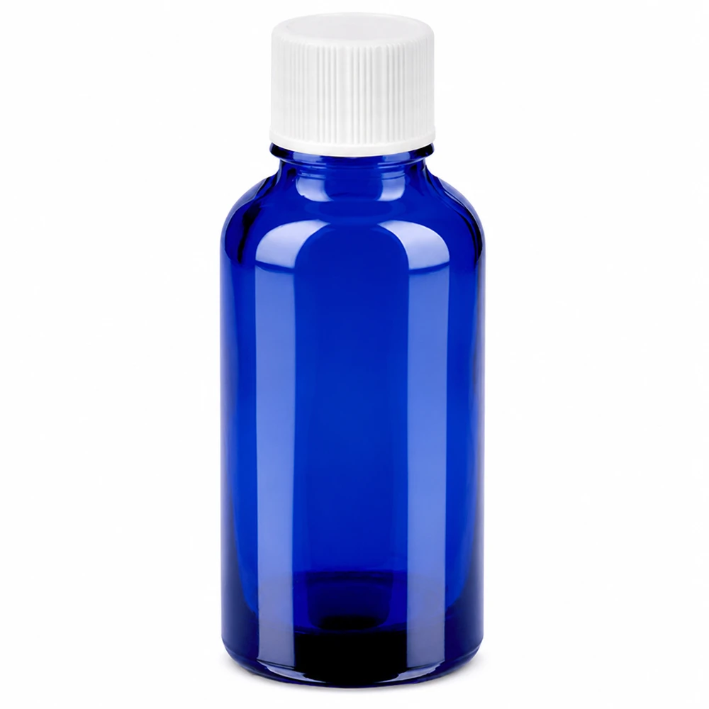 Hochwertige 30ml Glasflasche in Kobaltblau mit auslaufsicherem Schraubdeckel für Labor