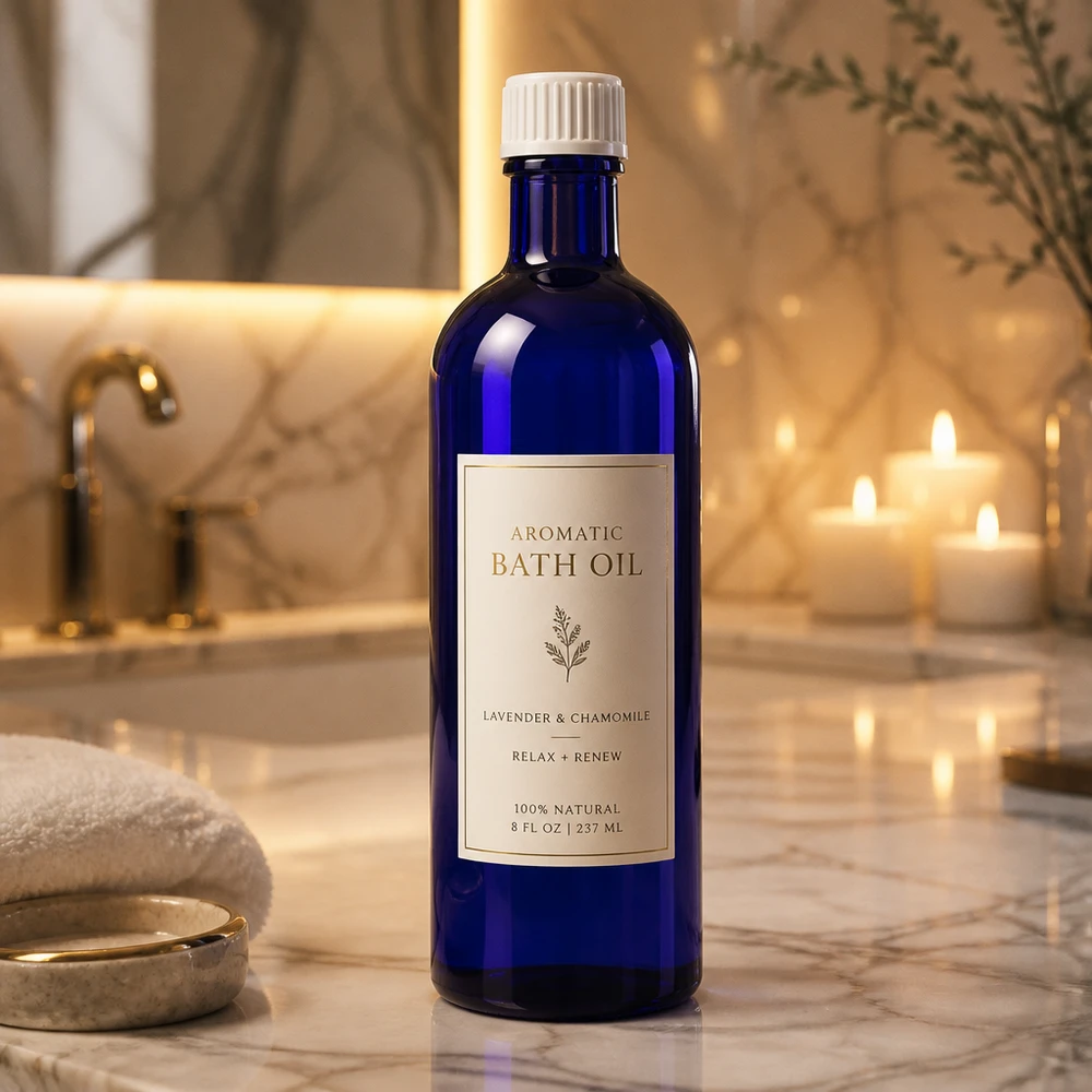 Lékárenská láhev modrá 200ml šroubovací uzávěr bílý stř. Schlanke blaue Glasflasche 200ml weißer Verschluss luxuriöse Wellnesspräsentation