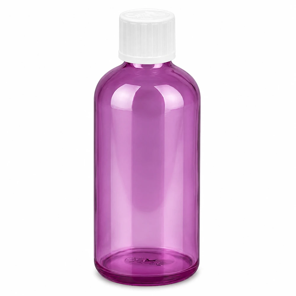 100ml lahvička s kapátkem 1,2mm bílé standardní dětské pojistky PurpleLine. UT18/100 Runde Tropfflasche 100ml violett mit weißem Verschluss für präzises Dosieren