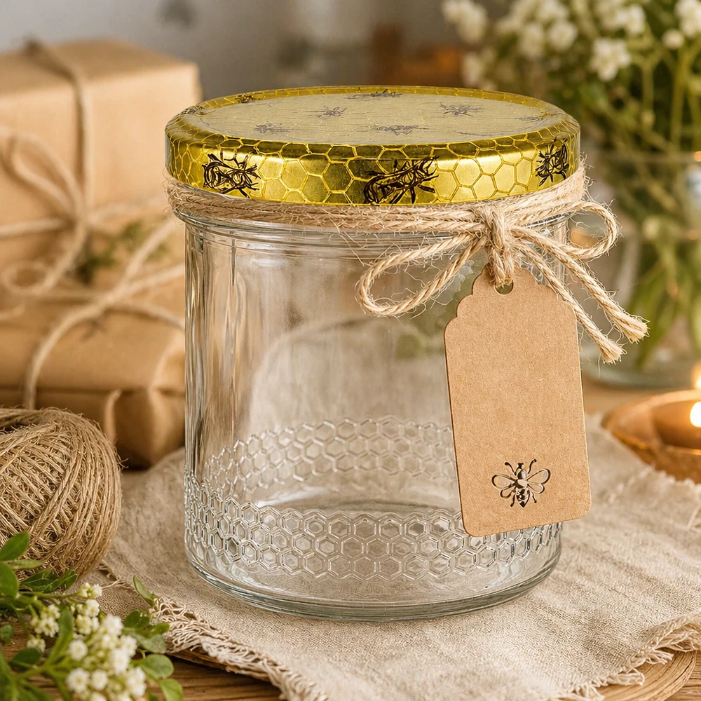 400ml Honigglas dekorativ mit Bastschnur und Anhänger, goldener Bienenmuster-Deckel, rustikale Geschenkverpackung
