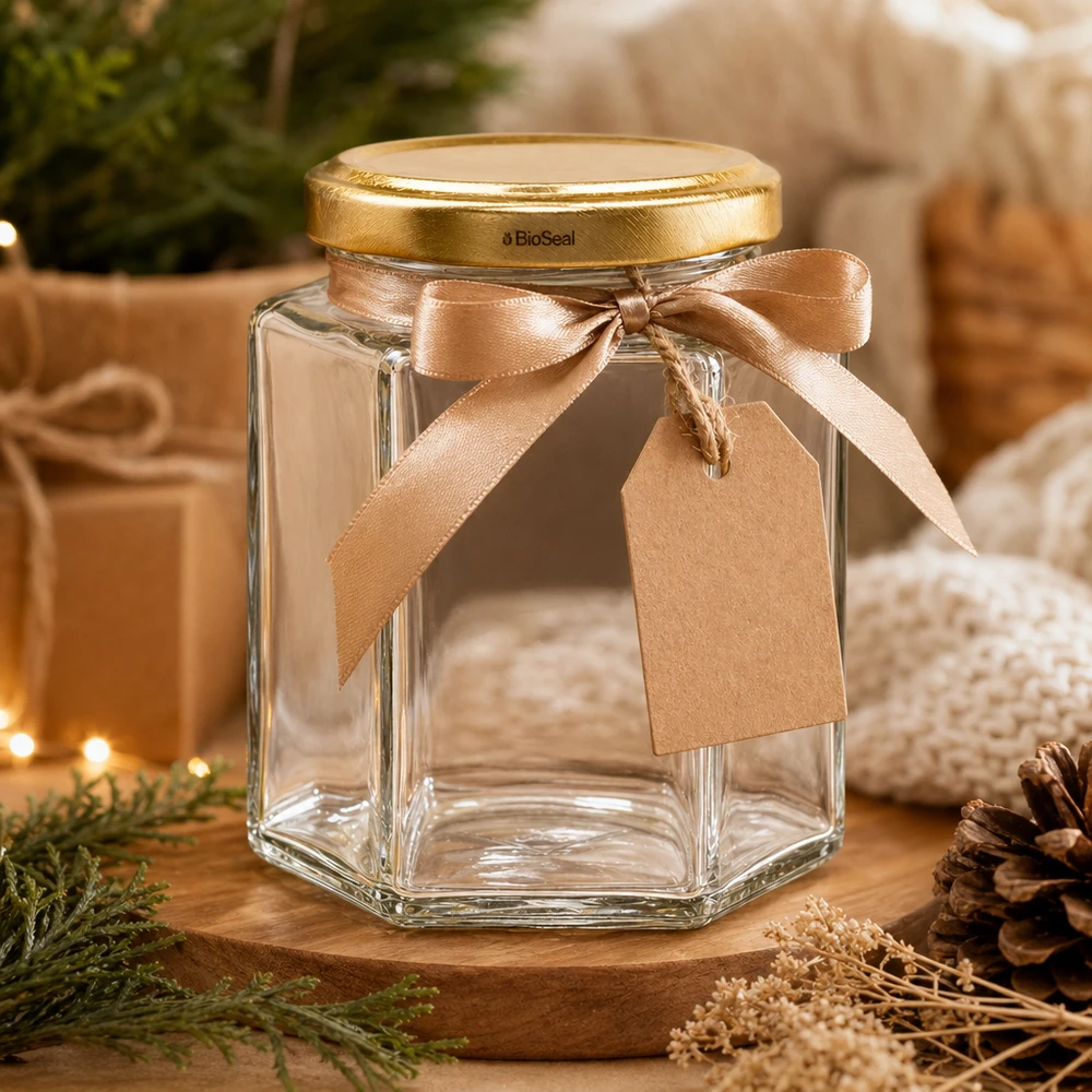 Dóza hexa o objemu 196 ml se zlatým víčkem UNiTWIST BioSeal. UNiTWIST Hexa196 Geschenkglas mit goldenem TO58 BioSeal Deckel, brauner Schleife und Geschenkanhänger als Präsent