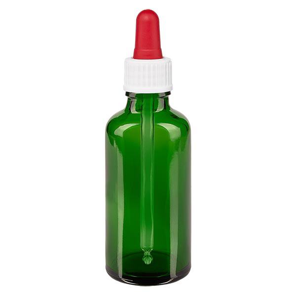 Lékárenská láhev zelená 50ml pipeta bílá/červená standardní Lékárenská láhev zelená 50ml pipeta bílá/červená standardní