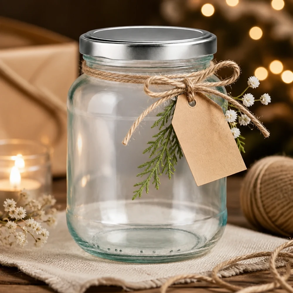 370ml oválná skleněná nádoba s víčkem BasicSeal stříbrná UNiTWIST. 370ml Ovalglas mit silbernem BasicSeal Deckel als Geschenkidee mit Juteschnur und Geschenkanhänger dekoriert