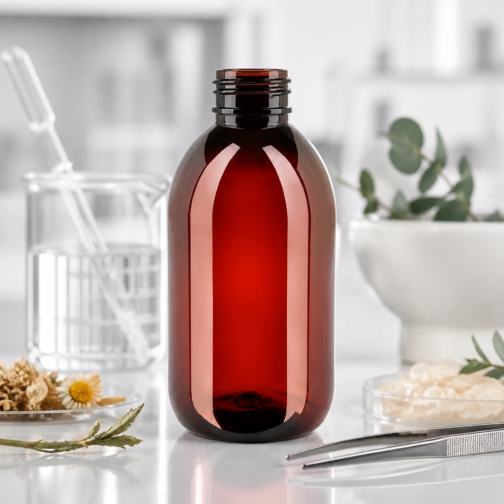 PET láhev 250ml se standardním bílým uzávěrem s pojistkou proti manipulaci Prázdná 250ml PET láhev jantarové barvy s bezpečnostním uzávěrem na bílém laboratorním povrchu