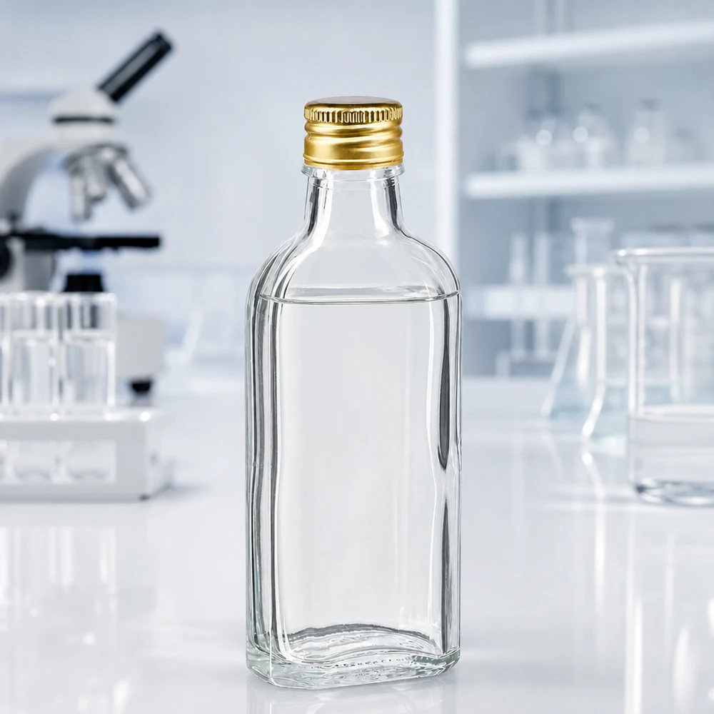 100 ml Meplat čirý s hliníkovým uzávěrem zlatý PP22 100ml Klarglasflasche rechteckige Meplat Form goldener Aluschraubverschluss PP22 weiß