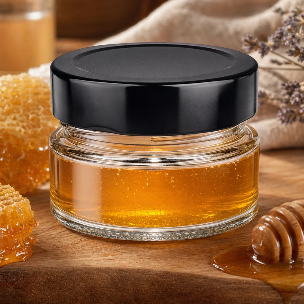 80ml kulatá sklenice + víčko BasicSeal černé hluboké UNiTWIST 80ml Rundglas mit schwarzem BasicSeal Deckel gefüllt mit Honig Bienenwaben Holzlöffel natürliche Küchenszene