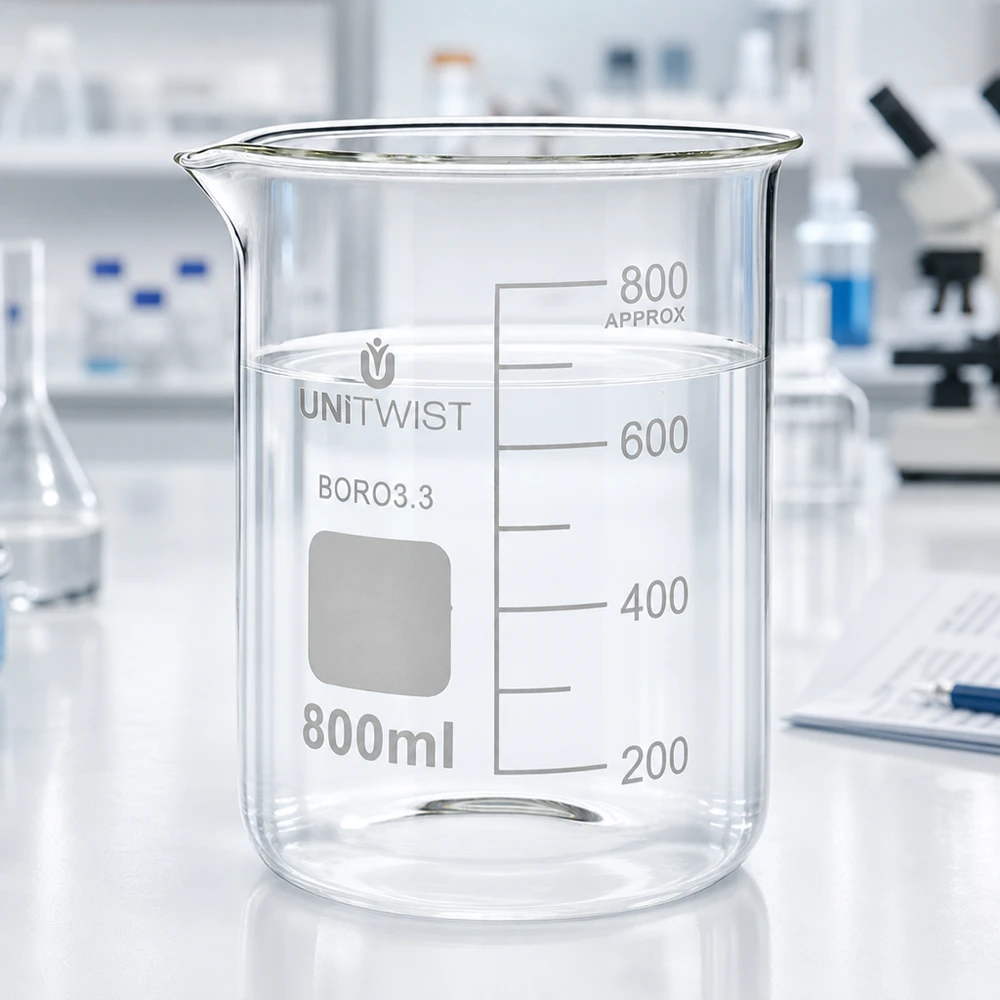 Kádinka 800ml borosilikátová, nízká forma UNiTWIST UNiTWIST Laborbecherglas 800ml niedrige Form hitzebeständiges Borosilikat 3.3 mit Mikroskop