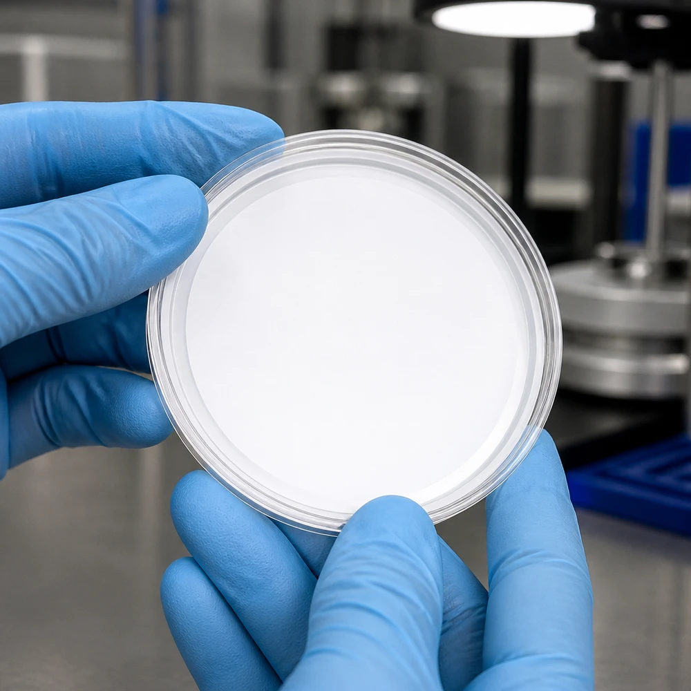 Laboratorní snímek bílého víčka BasicSeal TO63 63 mm UNiTWIST drženého v modrých ochranných rukavicích
