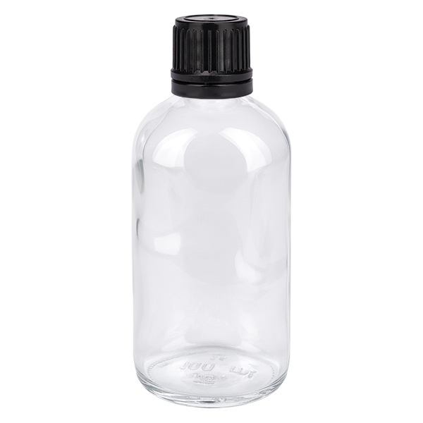 100ml globulová láhev 8mm nalévací kroužek černý standardní uzávěr ClearLine UT18/1 Klarglas Vorratsflasche 100ml mit schwarzem Schraubverschluss für Apothekenbedarf