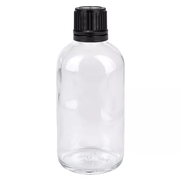100ml globulová láhev 8mm nalévací kroužek černý standardní uzávěr ClearLine UT18/1 Klarglas Vorratsflasche 100ml mit schwarzem Schraubverschluss für Apothekenbedarf