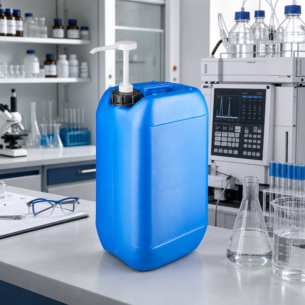 Blauer Vorratsbehälter 15 Liter mit Dosierpumpe für sicheren Umgang mit Laborreagenzien