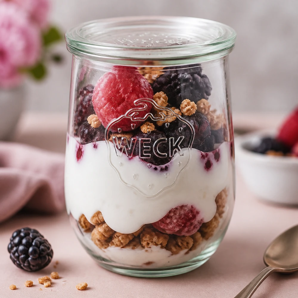 WECK Tulpenglas 1062ml mit Joghurt Beeren Müsli Schichtdessert gefüllt RR100 Glasdeckel Frühstück Parfait rosa Hintergru