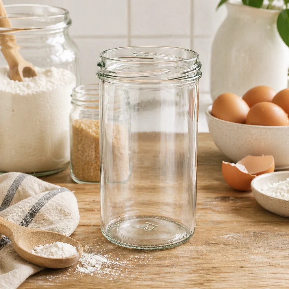 Tumbler o objemu 277 ml bez víčka (TO66) UNiTWIST UNiTWIST Sturzglas 277ml TO66 leer auf Holztisch mit Küchenutensilien Eiern und Mehl in rustikaler Küche