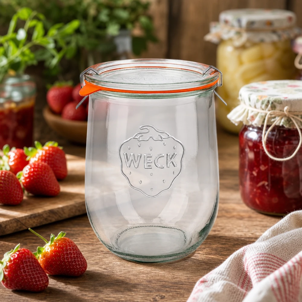 1062ml tulipánová sklenice kompletní WECK RR100 WECK Tulpenglas 1062ml RR100 leeres Einmachglas mit Erdbeeren für selbstgemachte Marmelade und Konfitüre Einkochen
