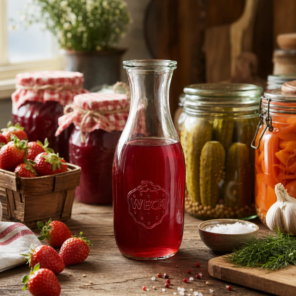 1062ml láhev na šťávu se skleněným víčkem WECK RR60 WECK Saftflasche 1062ml mit rotem Erdbeersaft gefüllt umgeben von frischen Erdbeeren und Einmachgläsern in Küche