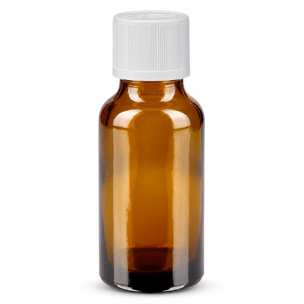 Lékárenská láhev hnědá 20ml šroubovací uzávěr bílý standard odolný proti otevření dětmi. Kompakte 20ml Apothekenfl. aus braunem Glas mit weißem Sicherheitsverschluss 11mm
