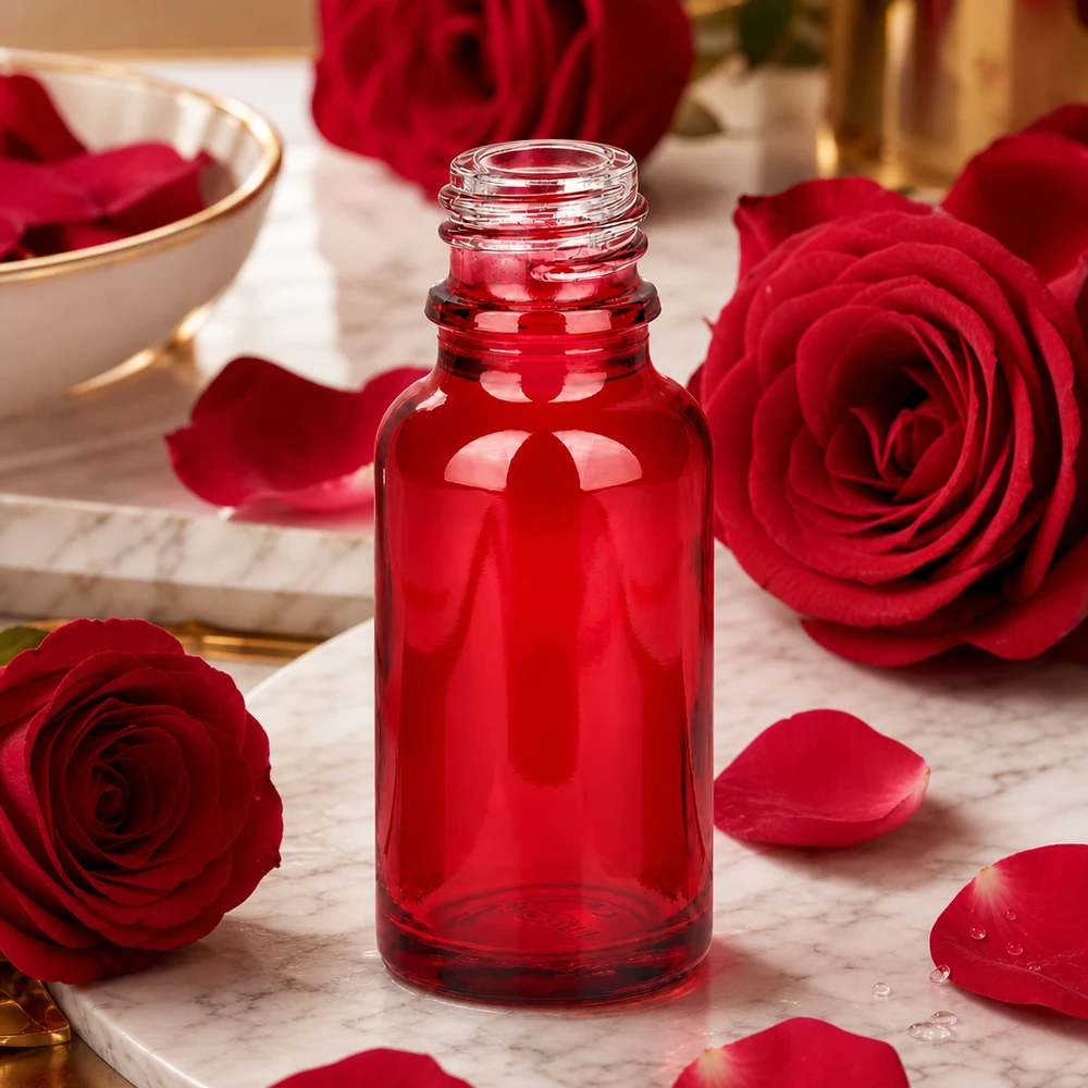 20ml lékárenská lahvička RedLine UT18/20 UNiTWIST. Durchsichtige rote 20ml RedLine Flasche UT18/20 UNiTWIST aus stabilem Borosilikatglas