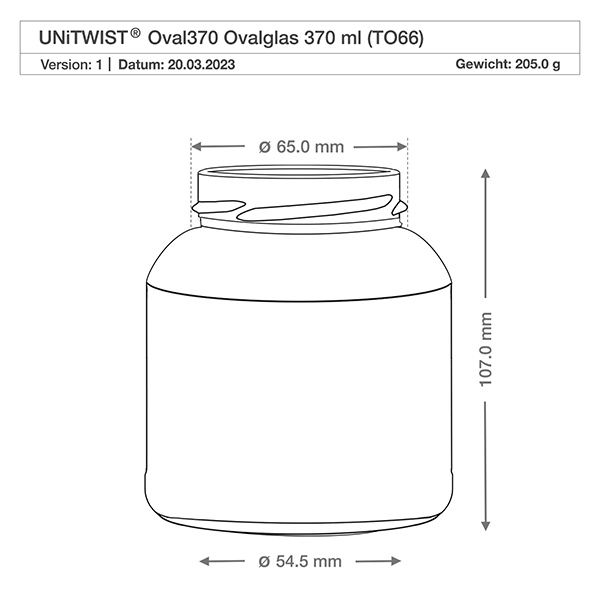 Oválná sklenice bez víčka o objemu 370 ml (TO66) UNiTWIST Technische Zeichnung UNiTWIST Oval370 Ovalglas 370ml TO66 mit Maßangaben Durchmesser 65mm Höhe 107mm Gewicht 205g