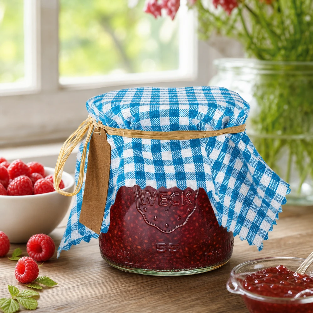 Látkový dekorační ubrousek tyrkysový kostkovaný čtverec 15 cm Türkis-kariertes Stoff Schmuckdeckchen 15cm für selbstgemachte Marmelade mit Himbeeren dekorativ inszeniert