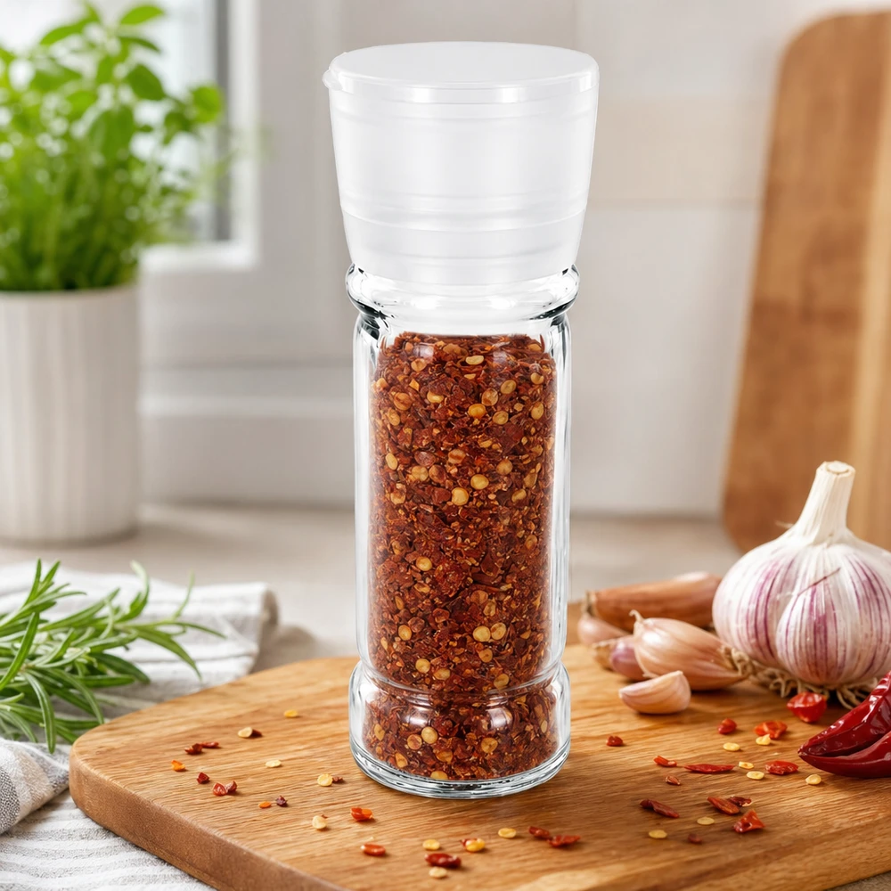 Sklenice na sůl/koření 100ml s mlýnkem Vario bílá Nachfüllbares Gewürzglas 100ml mit Mühle Vario für frisch gemahlene Chilipflocken
