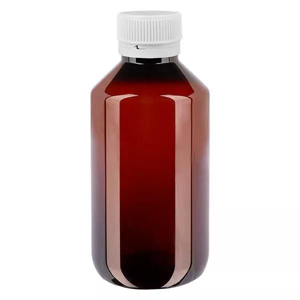 PET láhev 100ml s bílým rýhovaným uzávěrem s ochranou proti otevření.