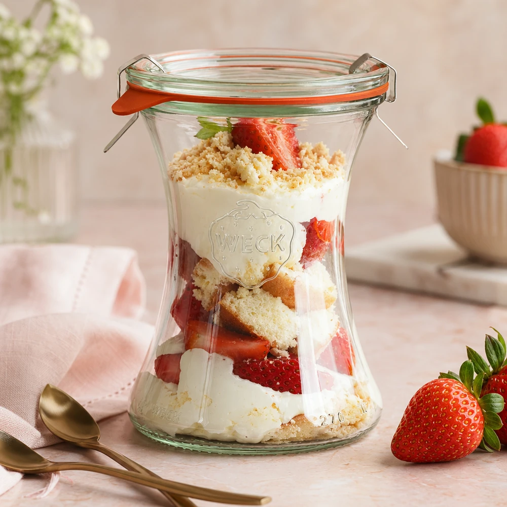 370ml lahůdková sklenice kompletní WECK RR80 WECK Delikatessenglas 370ml mit Erdbeerdessert Schichtdessert Joghurt Krümeln rosa Ambiente Nachtisch im Glas