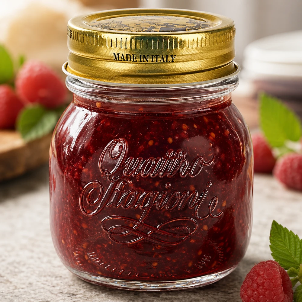 150ml kulatá sklenice "Quattro Stagioni" s víčkem 150ml Rundglas Quattro Stagioni mit goldenem Deckel Made in Italy gefüllt mit roter Marmelade und frischen Beeren