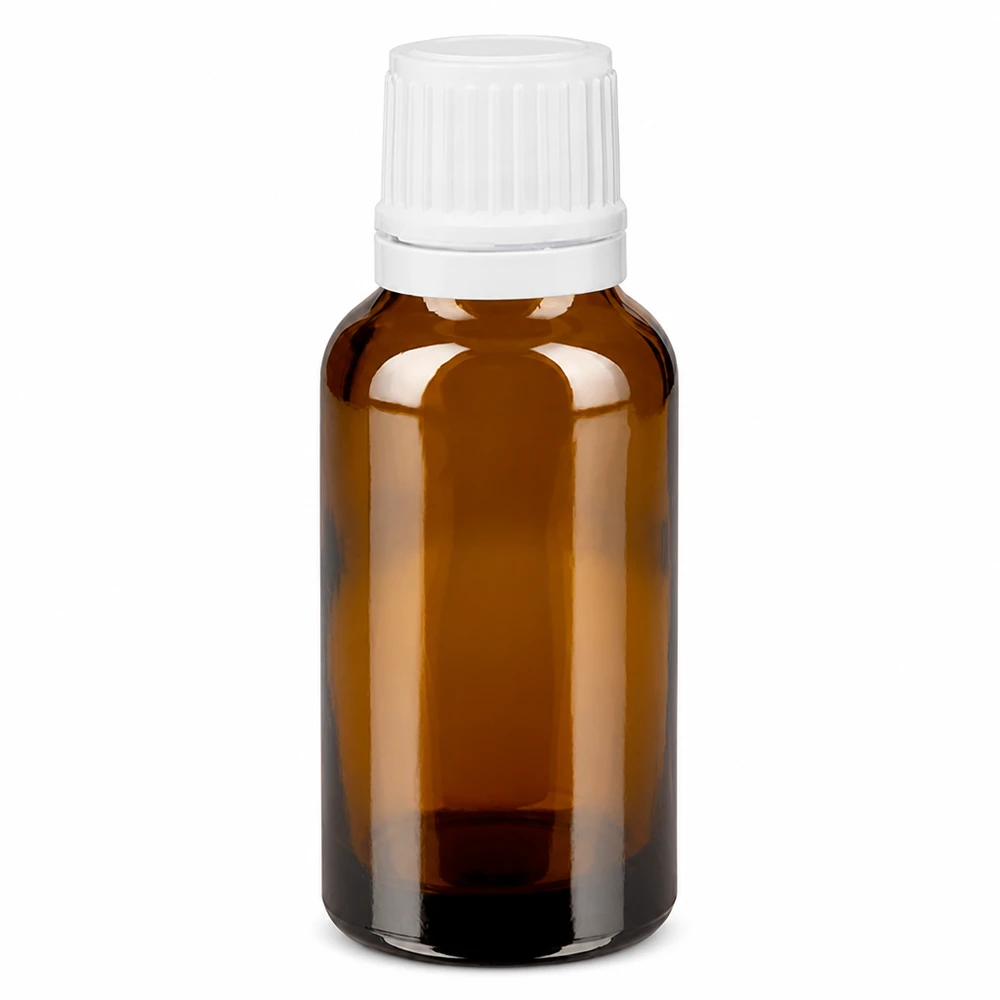 Apotheken Braunglasflasche 20ml mit kindersicherem weißen Verschluss und präzisem Tropfeinsatz