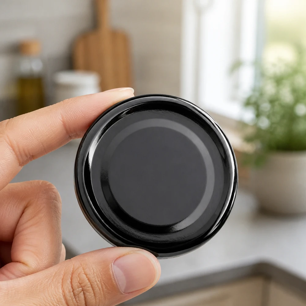 43mm víčko BasicSeal, černé, TO43, držené v ruce v moderní kuchyni