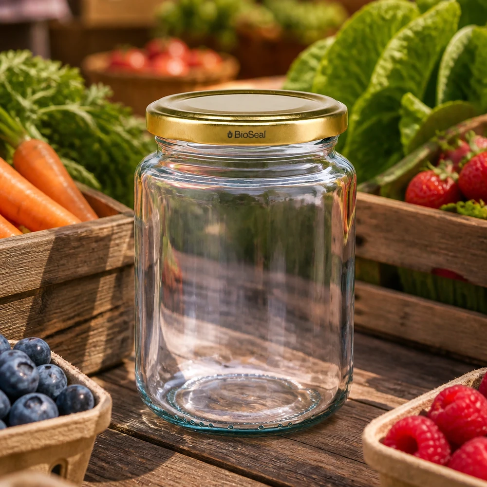 UNiTWIST Runda382 Einmachglas auf Holztisch mit frischem Obst und Gemüse, goldener TO66 BioSeal Deckel, Landküche