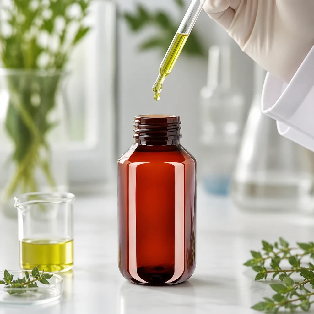 Hnědá PET láhev o objemu 100 ml s originálním uzávěrem v laboratorním prostředí s pipetou