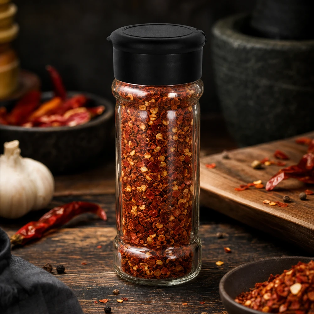 Dóza na sůl/koření 100ml s mlýnkem Vario černá Transparentes Streuglas 100ml neben Mörser und Chilischoten auf dunklem Holztisch