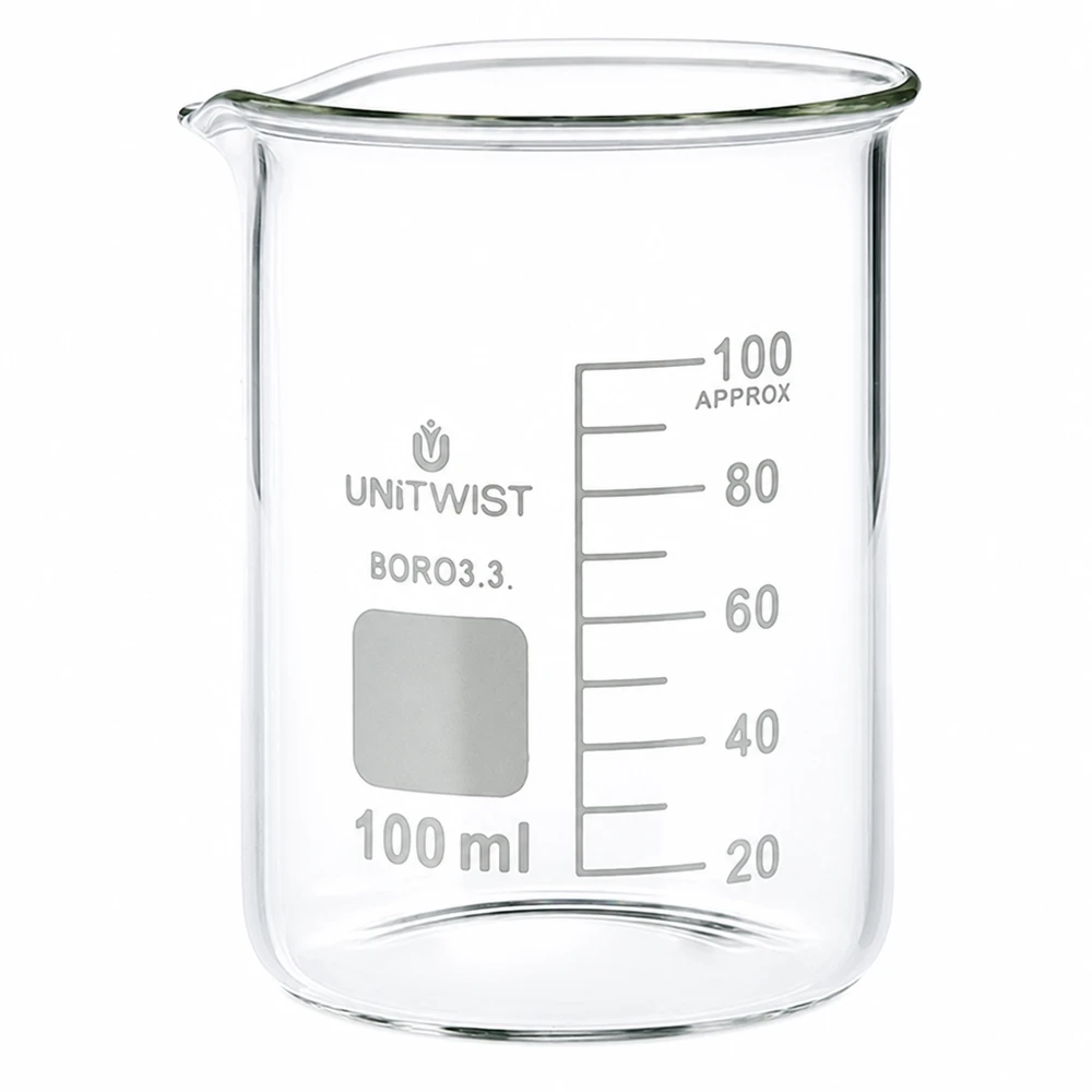 Kádinka 100 ml borosilikátová, nízká forma UNiTWIST UNiTWIST Laborglas 100ml niedriger Becher aus Borosilikat 3.3 mit Beschriftungsfeld