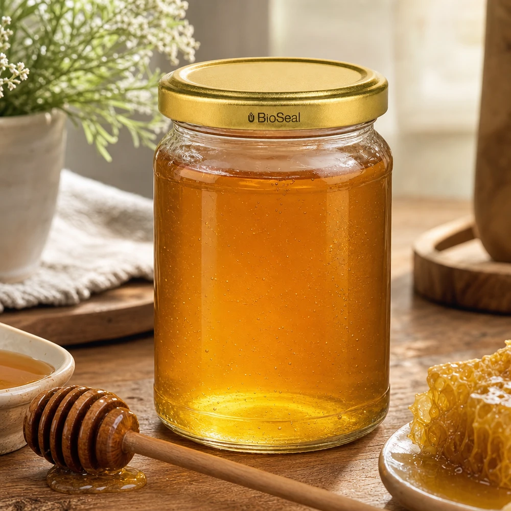 Kulatá dóza o objemu 205 ml se zlatým víkem UNiTWIST BioSeal. UNiTWIST Runda205 Honigglas gefüllt mit goldenem Honig TO58 BioSeal Deckel Imkereiprodukt Naturhonig im Glasgefäß