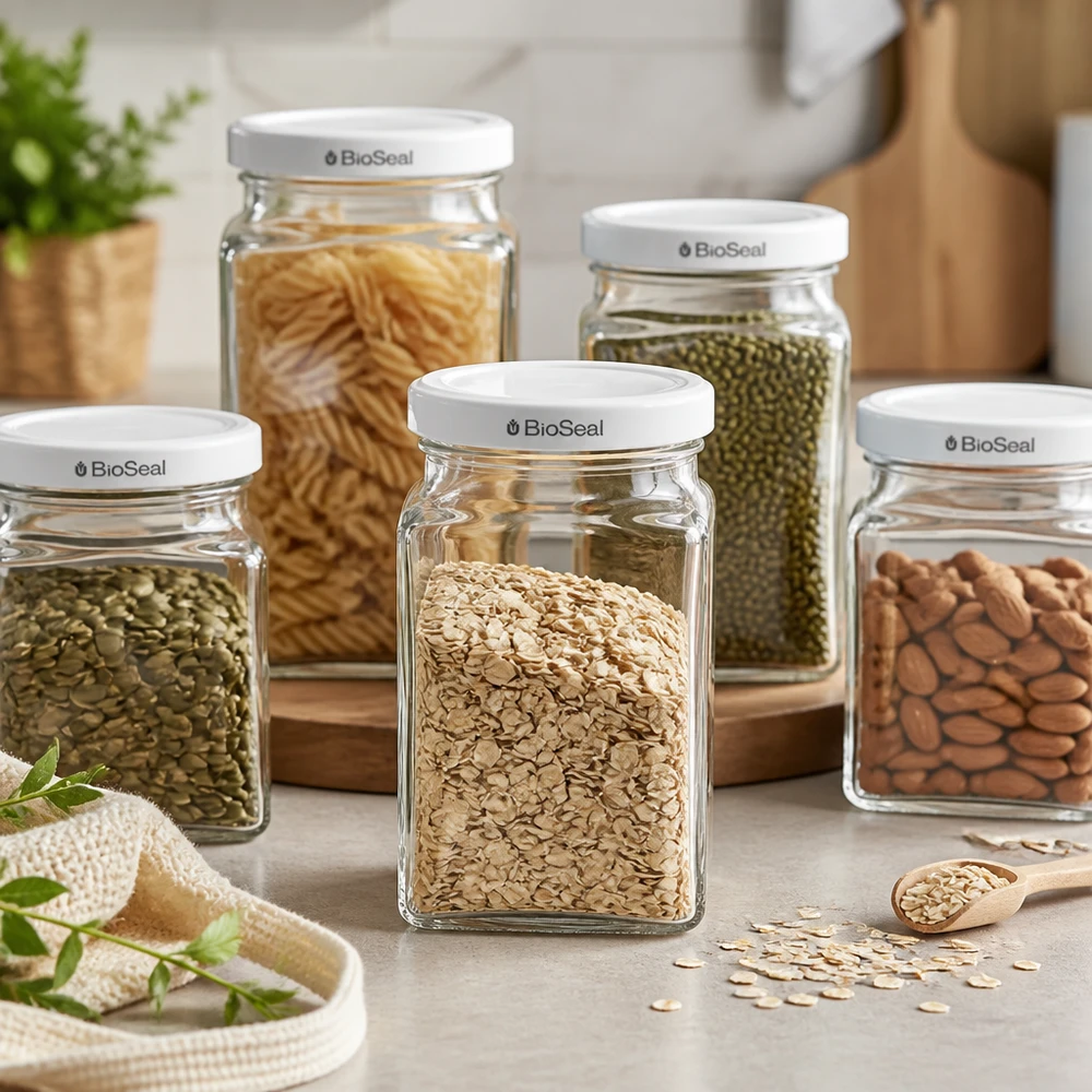 UNiTWIST Tetra260 Vorratsglasset mit Haferflocken Mungbohnen Nudeln Mandeln weißer TO58 BioSeal Deckel Pantry Organisati