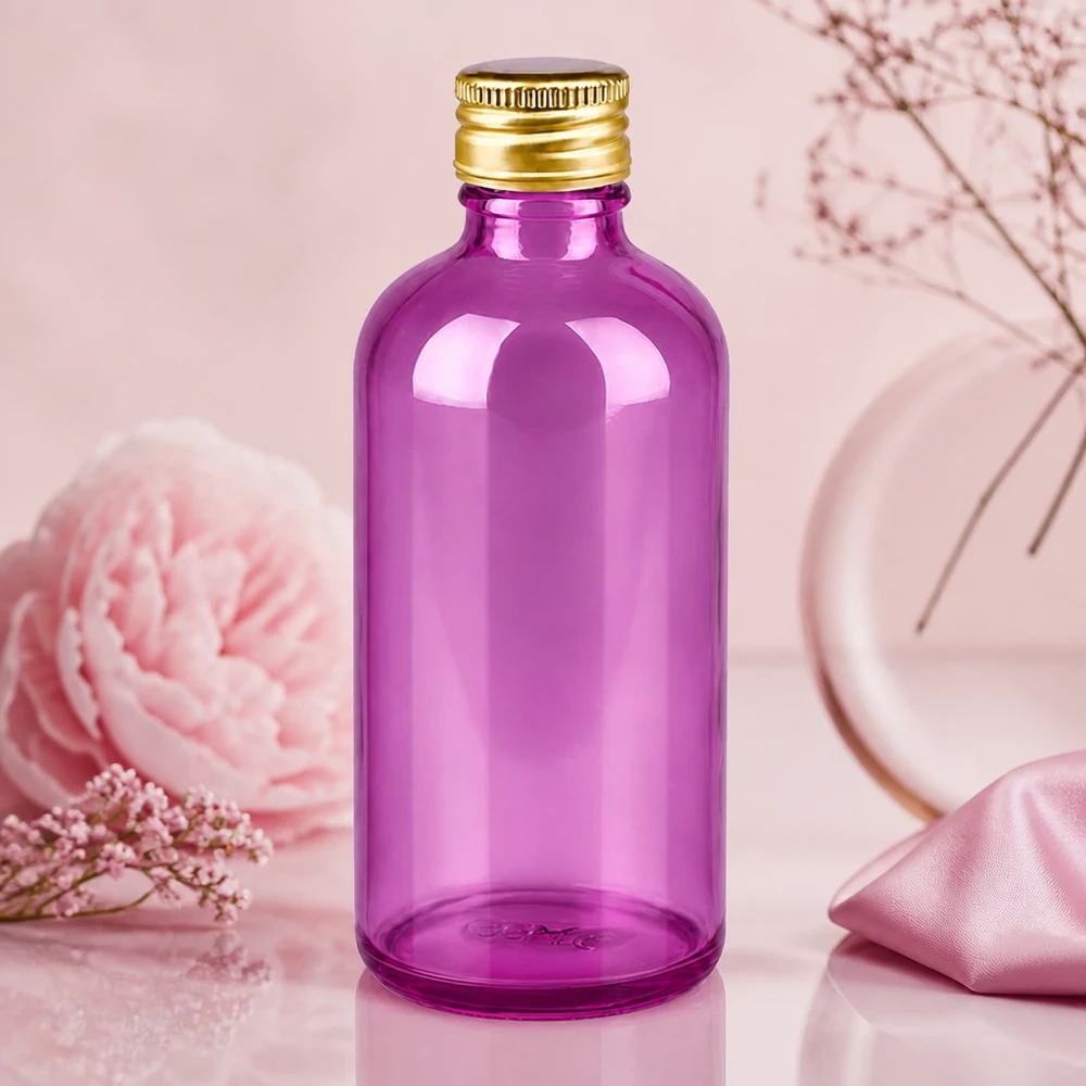 PurpleLine 100ml lahvička 11mm šroubovací uzávěr hliníkový zlatý standard. UT18/100 Professionelle 100ml Violettglasflasche mit Metallverschluss für Labor und Apothekenbedarf