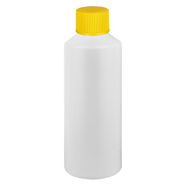 Lékárenská láhev HDPE 100ml bílá, se žlutým šroubovacím uzávěrem Lékárenská láhev HDPE 100ml bílá, se žlutým šroubovacím uzávěrem