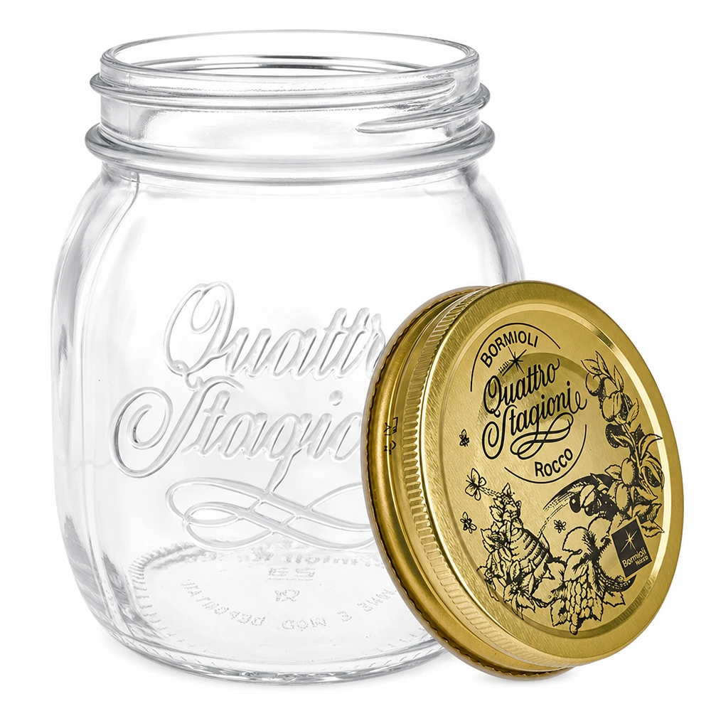 700ml kulatá sklenice "Quattro Stagioni" s víčkem Quattro Stagioni 700ml Einmachglas mit abnehmbarem Schraubdeckel Detail italienisches Glas für Konservierung