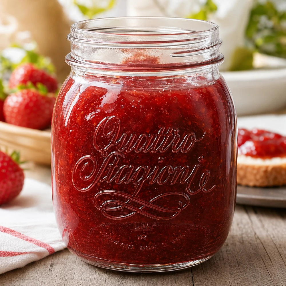 700ml kulatá zavařovací sklenice "Quattro Stagioni" QS86mm 700ml Quattro Stagioni Haushaltsglas mit roter Marmelade gefüllt neben frischen Erdbeeren auf Holztisch